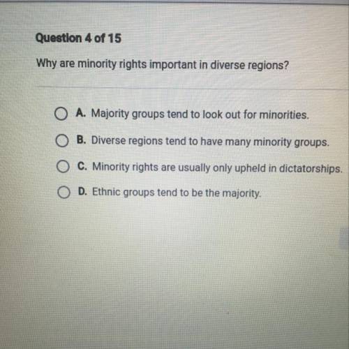 Why are minority rights important in diverse regions?

O A. Majority groups tend to look out for m