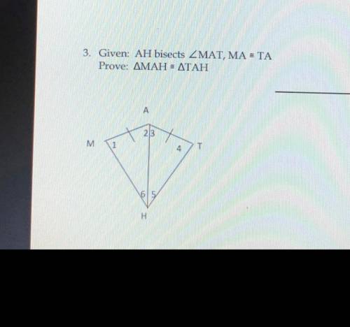 HELP WHAT IS THE FULL PROOF??

3. Given: AH bisects ZMAT, MA - TA
Prove: AMAH = ATAH
A
2/3
M
1
4
H