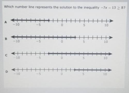 Which number line represents the solution to the inequality –7x – 13 – 8? A - 10 0 5 10 B -10 5 5 С