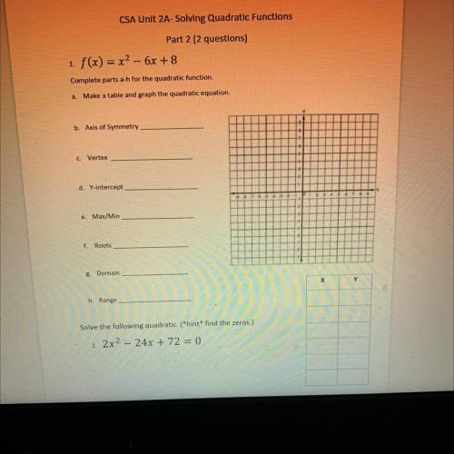 CSA Unit 2A-Solving Quadratic Functions

Part 2 (2 questions)
1 f(x) = x2 - 6x + 8
Complete parts