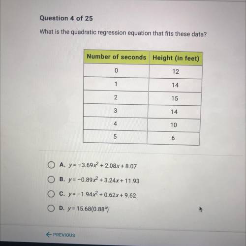 PLEASE HELP ME ASAP?!?!What is the quadratic regression equation that fits these data?