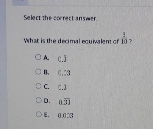 Select the correct answer. 3 What is the decimal equivalent of 3/10 ? OA 03 O B. 0.03 OC. C. 0.3 OD