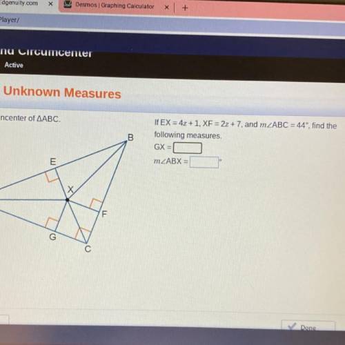 If ex=4z+1, xf=2z+7, and abc=44 degrees, find the following measures