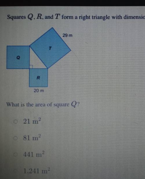 squares q,r,t form a right triangle with dimensions as shown in the diagram. what is the area of sq