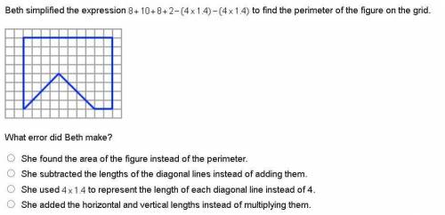 Beth simplified the expression 8 + 10 + 8 + 2 minus (4 times 1.4) minus (4 times 1.4) to find the p