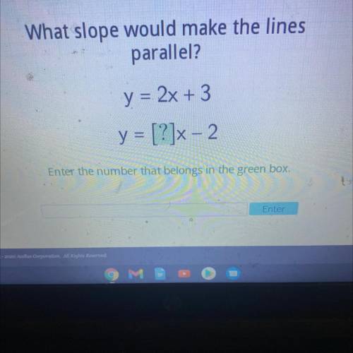 What slope would make the lines
parallel?
y = 2x + 3
y = [?]x - 2