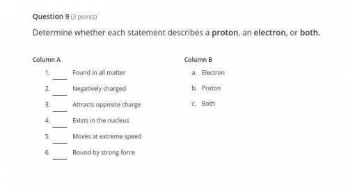 Determine whether each statement describes a proton, an electron, or both.