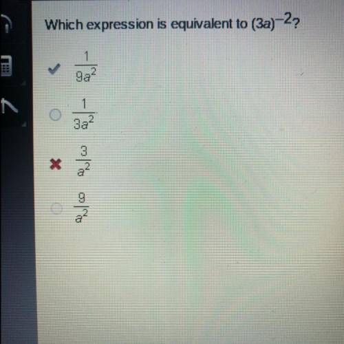 Which expression is equivalent to (3a)-^2?