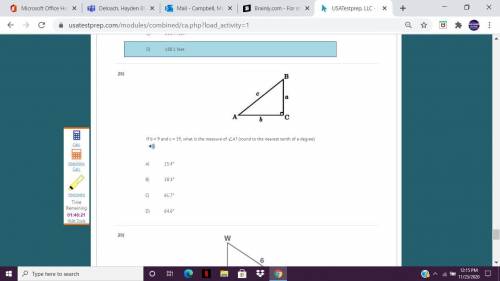 If b=9 and c=19, what is the measure of angle a? (round to the nearest tenth of a degree)