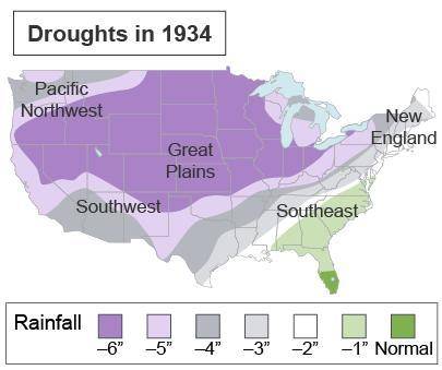 The map shows the droughts in 1934.

On average, how many inches of rainfall below normal did Wash