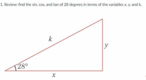 Find the cos sin and tan of 28 degrees in terms of the variables x, y, and k.