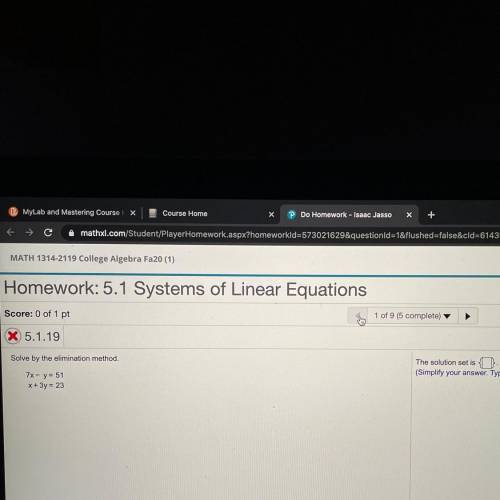 Homework: 5.1 Systems of Linear Equations

core: 0 of 1 pt
1 of 9 (5 complete)
5.1.19
Solve by the