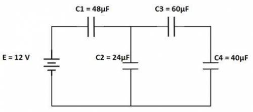 2 – No circuito misto abaixo, calcule a capacitância equivalente, a tensão e a carga nos capacitore