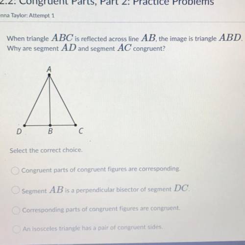 When triangle ABC is reflected across line AB, the image is triangle ABD.

Why are segment AD and