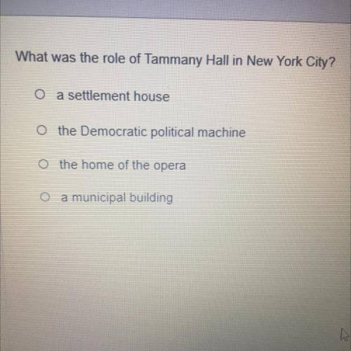 What was the role of Tammany Hall in New York City?

O a settlement house
O the Democratic politic