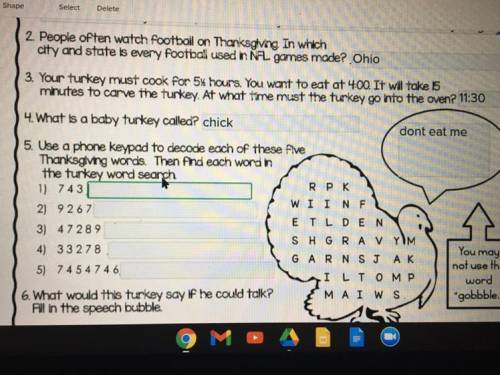 Use a phone keypad to decode each of these five Thanksgiving words. Then find each word in the turk