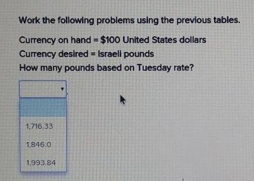 Work the following problems using the previous tables.

Currency on hand = $100 United States doll