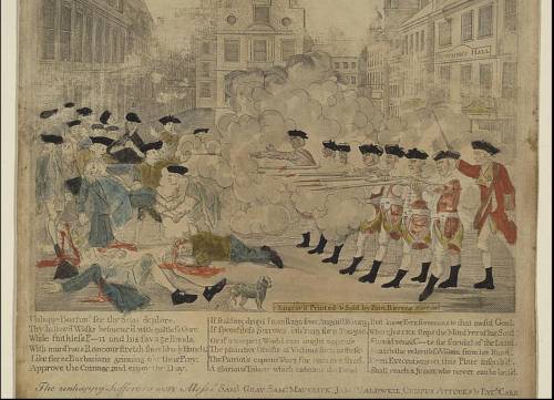 Compare the written description of the Boston Massacre to the image depicting this historical event