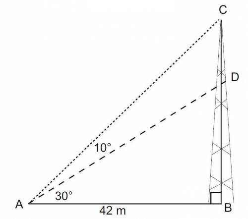 A communications tower is supported by two wires, connected at the same point on the ground. One is