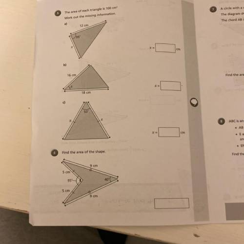 PLEASE I NEED HELP ASAP A PICTURE IS ATTACHED

5.The area of each triangle is 100 cm
Work out the