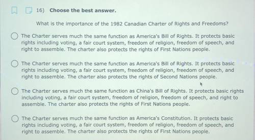 16) Choose the best answer.

What is the importance of the 1982 Canadian Charter of Rights and Fre