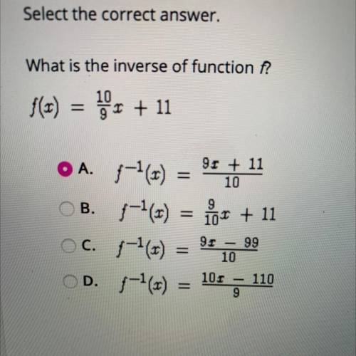 What is the inverse function of f? F(x)=10/9x+11