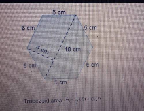 HELP MEE

6 cm 5 cm 4 cm 10 cm 5 cm 6 cm 5 cm Trapezoid area: A = 3(61+ bon What is the are