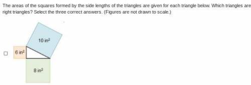 The areas of the squares formed by the side lengths of the triangles are given for each triangle be