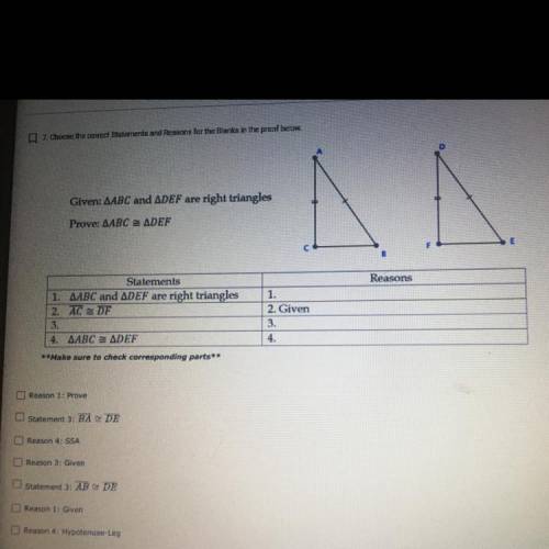 Choose the correct statement and reasons for the blanks in the proof below