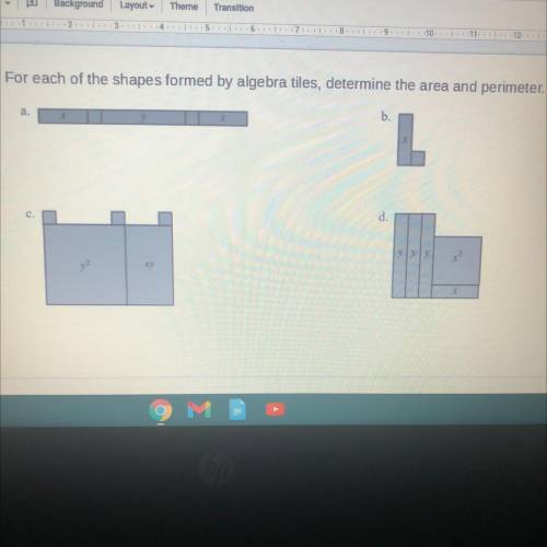 For each of the shapes formed by algebra tiles, determine the area and perimeter. Please help
