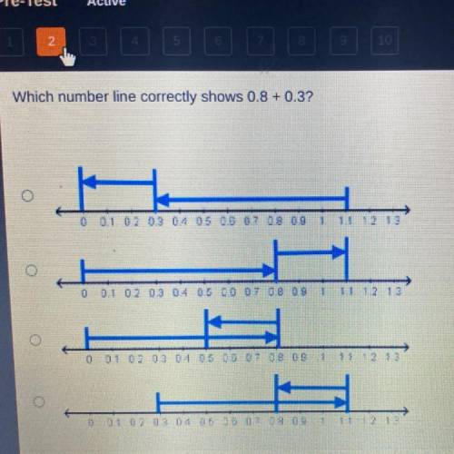 Which number line correctly shows 0.8 +0.3?