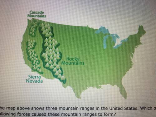 The map above shows three mountains ranges in the United States. Which of the following forces caus