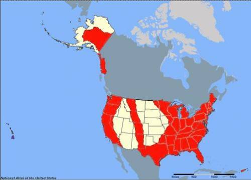 A map of the United States which is is red in the east, the far west, and in a strip in the midwest