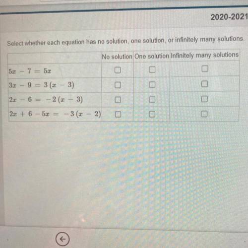 Select whether each equation has no solution, one solution, or infinitely many solutions,

No solu