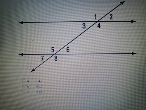 What other angles are equal to the measurement of angle 2?

A. 1,4,7
B. 3,6,7
C. 4,5,6