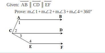 Solve. Justify your responses.

Given: AB║CD║EF Prove: m∠1+m∠2+m∠3+m∠4=360°
