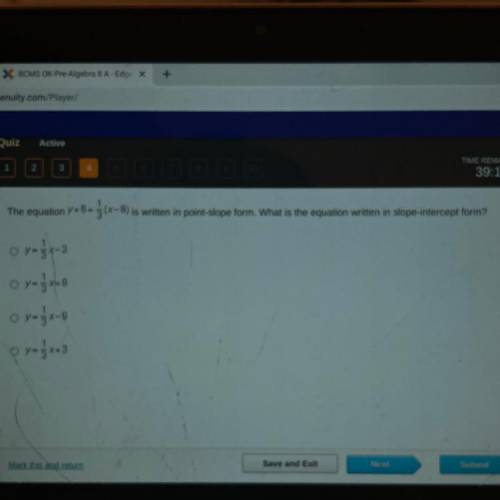 The equation y+6=

- (x-
(x-9) is written in point-slope form. What is the equation written in slo