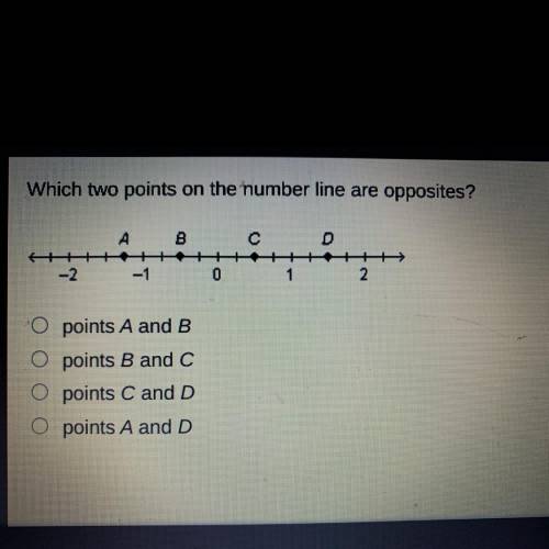 Which two points on the number line are opposites?

B
с
A
A+++
-2 -1
D
+++>
2
0
1
points A and