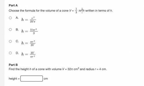 Choose the formula for the volume of a cone V = 13πr2h written in terms of h.