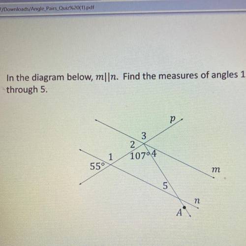 In the diagram below, m||n. Find the measures of angles 1

through 5.
p
3
2
1
10704
559
m
5
n