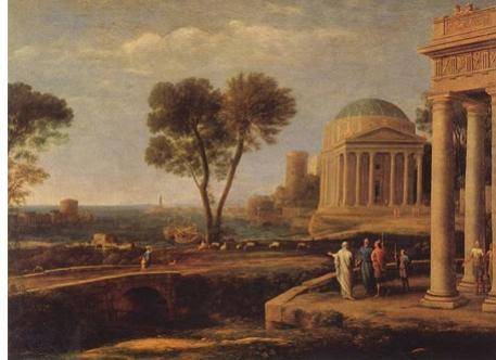 Look at this painting by Claude Lorrain. Explain how this painting exemplifies the Grand Manner sty