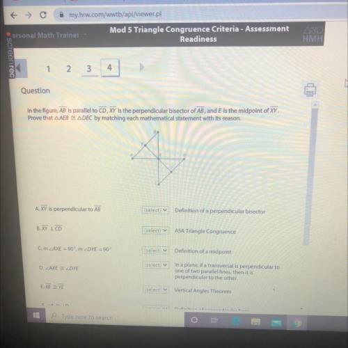 Question

PLZ HELP ASAPIn the figure, AB Is parallel to CD, XY is the perpendicular bisector of AB