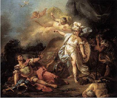 The image shows a god and a goddess at war.

A man is on the ground looking up at a woman. There i