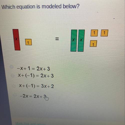Which equation is modeled below?

-x+ 1 = 2x+ 3X+(-1) = 2x+3X+(-1) = 3x+2-2x = 2x+3