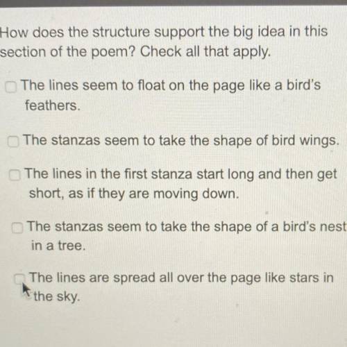 How does the structure support the big idea in this

section of the poem? Check all that apply.
Th