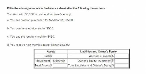 Fill in the missing amounts in the balance sheet after the following transactions. You start with $