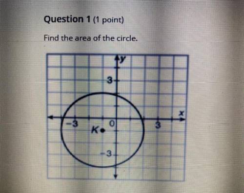 Question 1 (1 point)

Find the area of the circle.
A) 37.82
B) 43.86
C) 17.72
D) 28.26