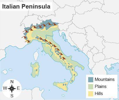 A map titled Italian Peninsula. A key shows Mountains in teal, Plains in green, Hills in yellow. Mo