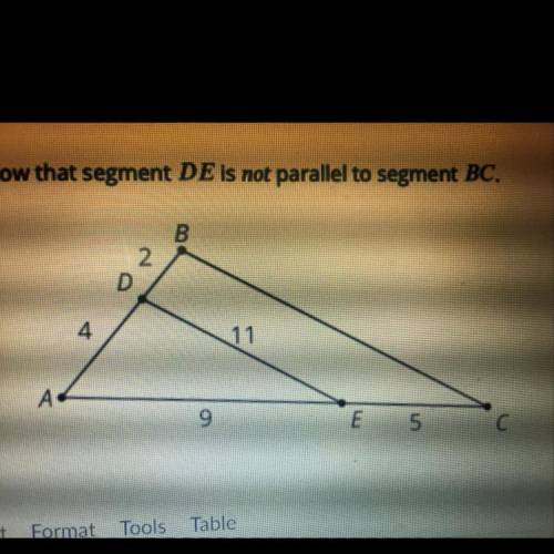 Explain how you know that segment DE is not parallel to segment BC. (Look at the picture)