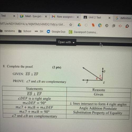Can you help me solve this proof and prove that angles 7 and 8 are complementary